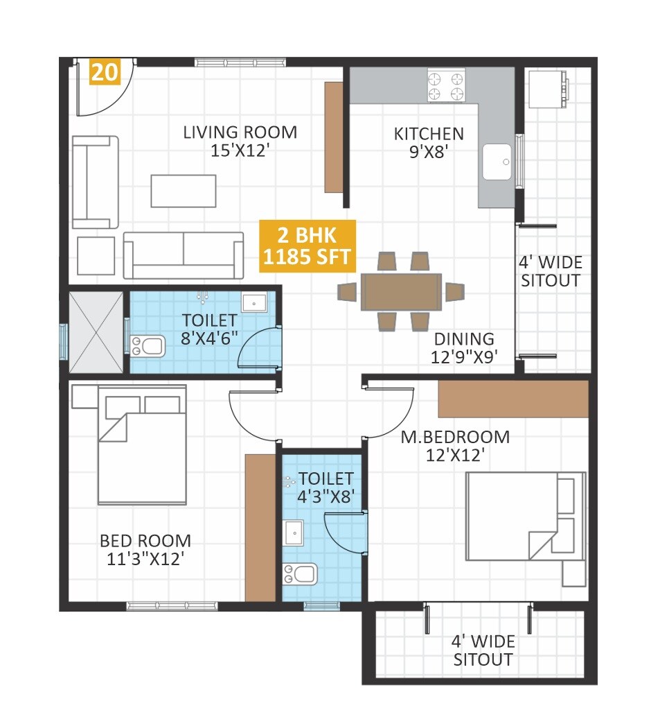 Floor plan of 2 BHK 1185 Sq. Ft. Apartment in JP Iris, Bangalore