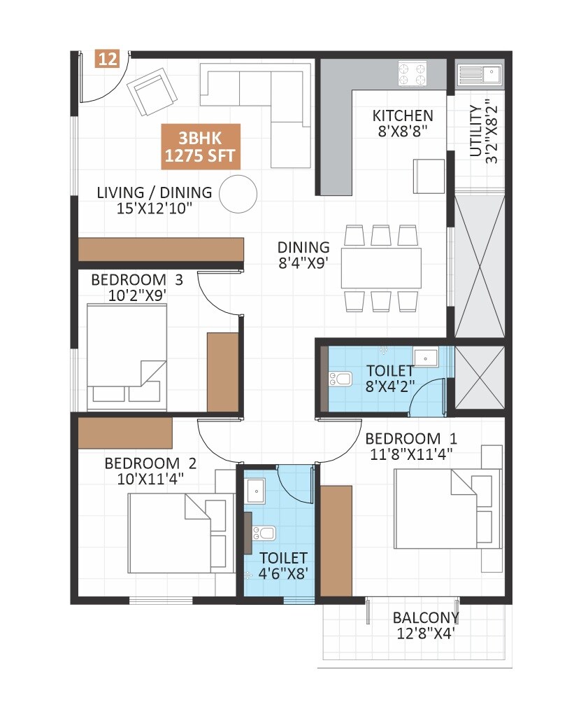 Floor plan of 3 BHK 1275 Sq. Ft. Apartment in JP Iris, Bangalore