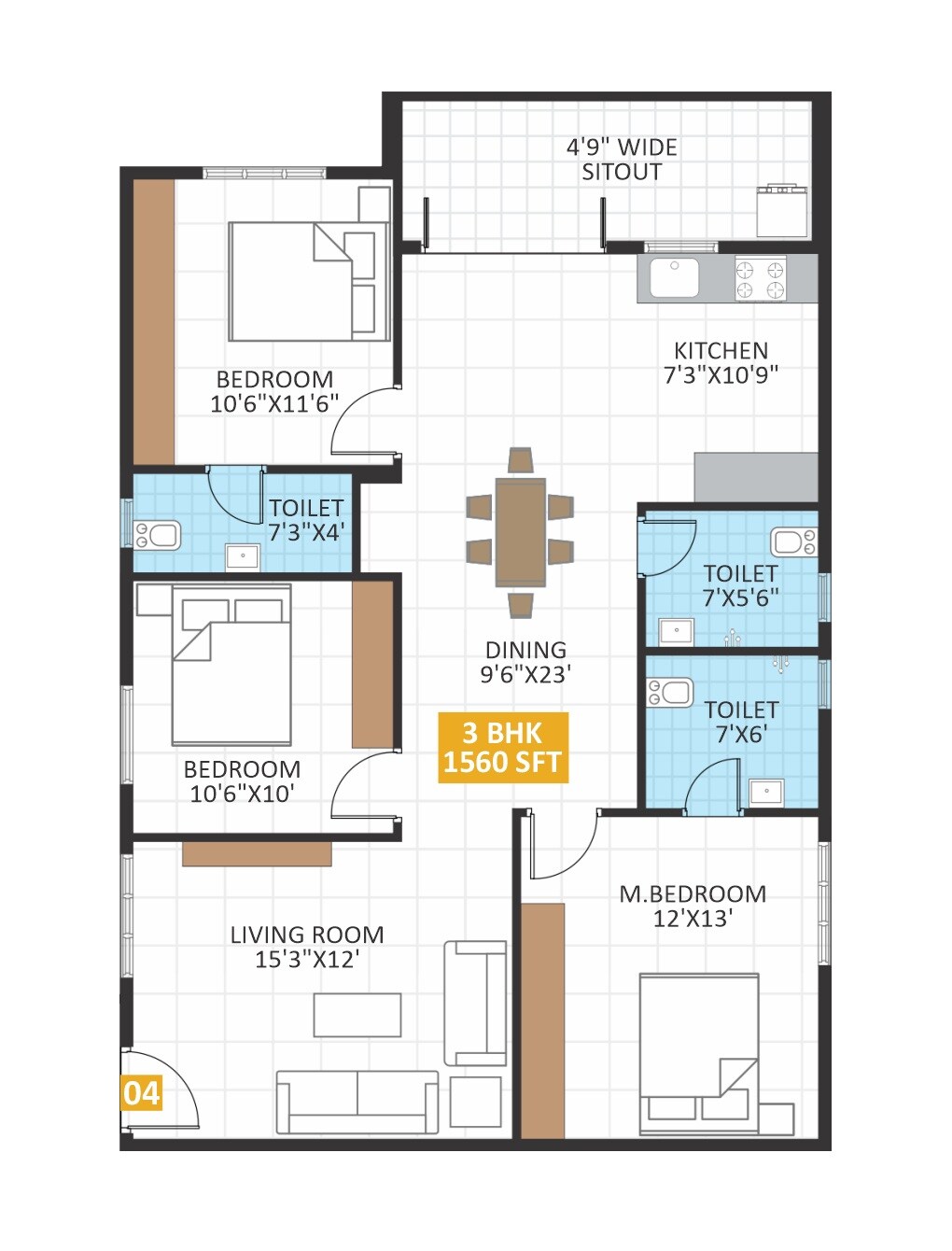 3 BHK 1560 Sq. Ft. Apartment