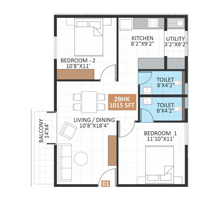Floor plan of 2 BHK 1015 Sq. Ft. Apartment in JP Jasmine, Bangalore