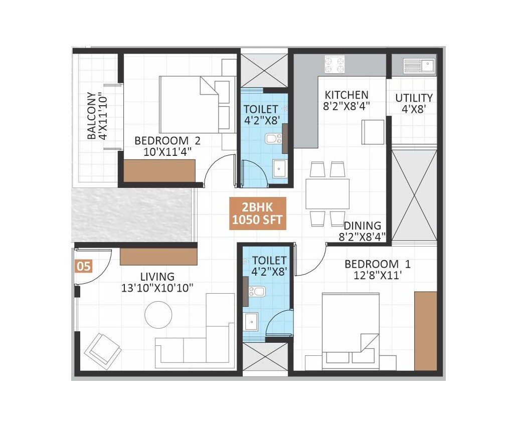 2 BHK 1050 Sq. Ft. Apartment