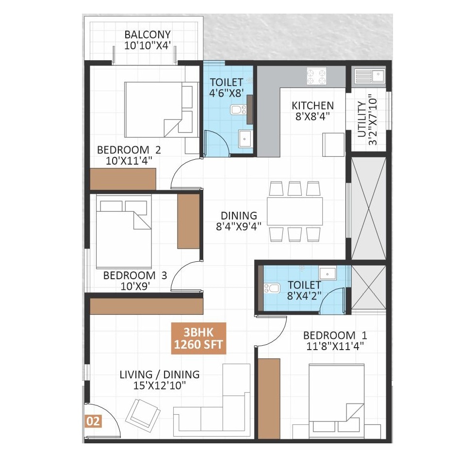 Floor plan of 3 BHK 1260 Sq. Ft. Apartment in JP Jasmine, Bangalore