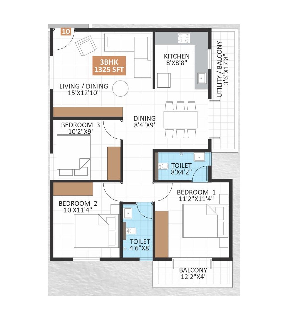 Floor plan of 3 BHK 1325 Sq. Ft. Apartment in JP Jasmine, Bangalore