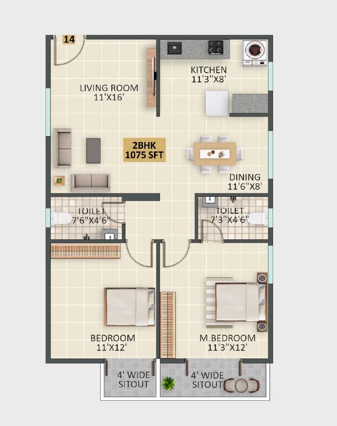 Floor plan of 2 BHK 1075 Sq. Ft. Apartment in JP Lavender, Bangalore