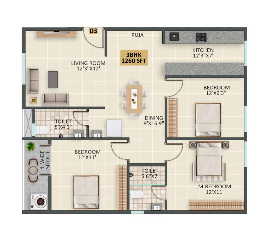 Floor plan of 2 BHK 1260 Sq. Ft. Apartment in JP Lavender, Bangalore
