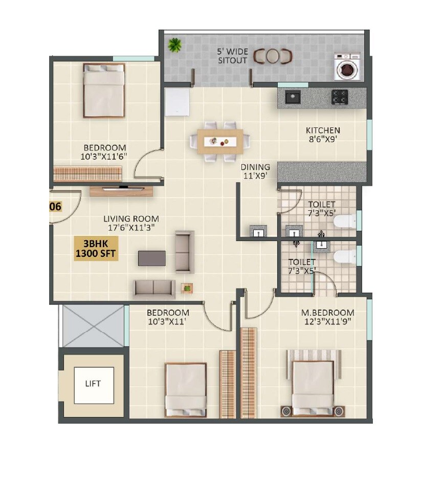 Floor plan of 3 BHK 1300 Sq. Ft. Apartment in JP Lavender, Bangalore