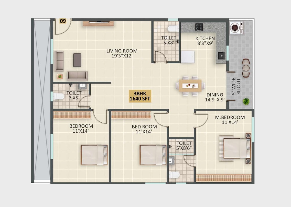 Floor plan of 3 BHK 1640 Sq. Ft. Apartment in JP Lavender, Bangalore