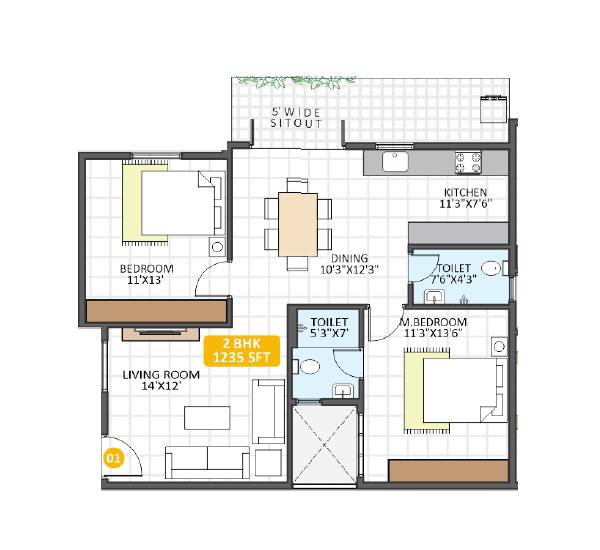 2 BHK 1235 Sq. Ft. Apartment