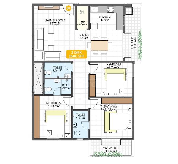 3 BHK 1600 Sq. Ft. Apartment