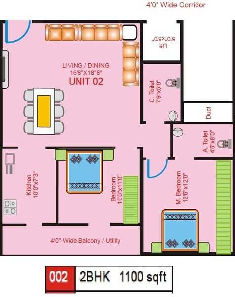 Floor plan of 2 BHK 1100 Sq. Ft. Apartment in JPC Pallavi, Bangalore
