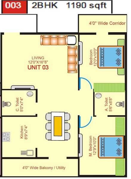 Floor plan of 2 BHK 1190 Sq. Ft. Apartment in JPC Pallavi, Bangalore