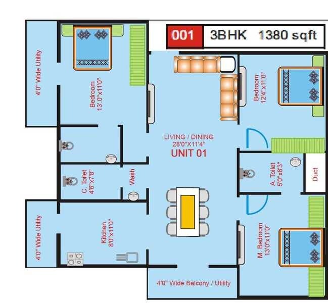 Floor plan of 3 BHK 1380 Sq. Ft. Apartment in JPC Pallavi, Bangalore