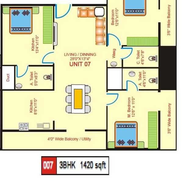 Floor plan of 3 BHK 1420 Sq. Ft. Apartment in JPC Pallavi, Bangalore