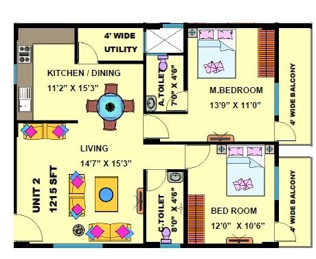 Floor plan of 2 BHK 1215 Sq. Ft. Apartment in JPC  Prism, Bangalore