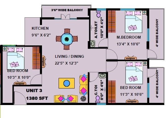 Floor plan of 3 BHK 1380 Sq. Ft. Apartment in JPC  Prism, Bangalore