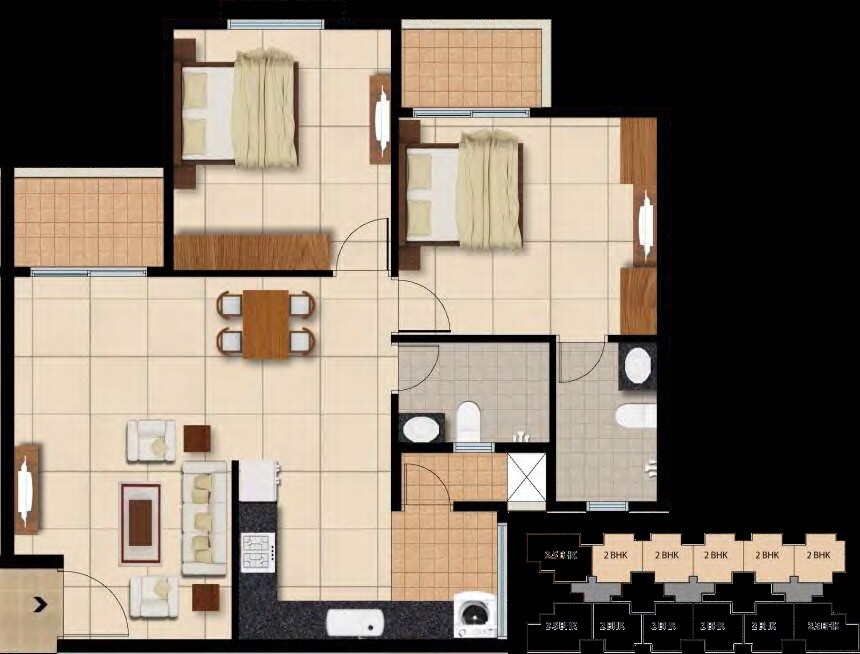 Floor plan of 2 BHK 1050 Sq. Ft. Apartment in JR Housing Nexus, Bangalore