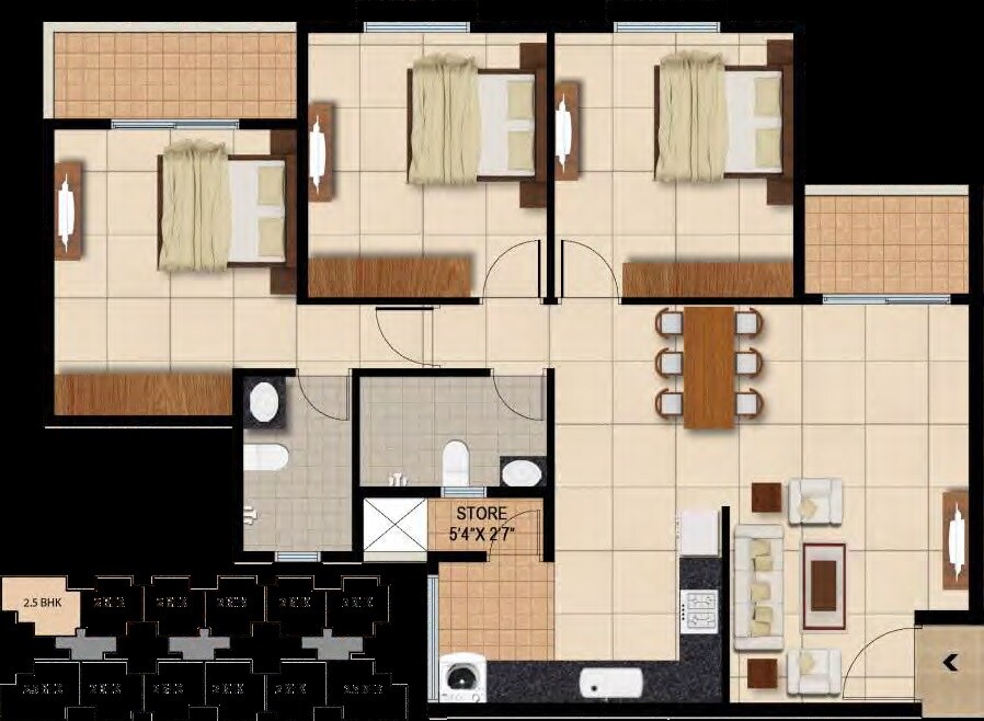 Floor plan of 3 BHK 1285 Sq. Ft. Apartment in JR Housing Nexus, Bangalore