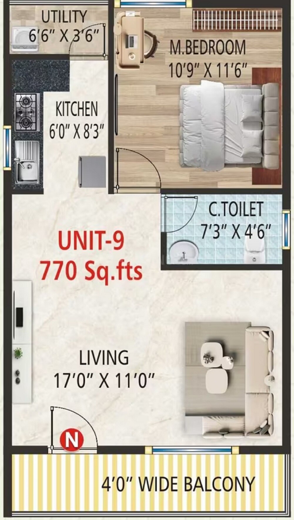 Floor plan of 1 BHK 770 Sq. Ft. Apartment in JR Royale, Bangalore