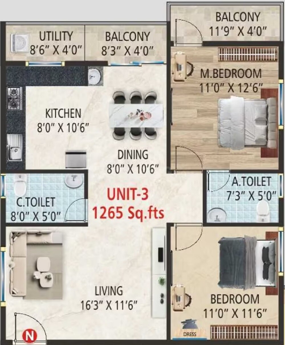 Floor plan of 2 BHK 1265 Sq. Ft. Apartment in JR Royale, Bangalore