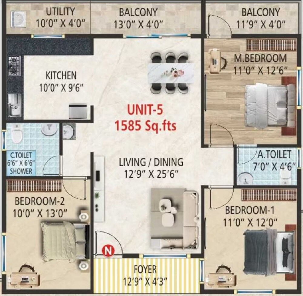 Floor plan of 3 BHK 1585 Sq. Ft. Apartment in JR Royale, Bangalore