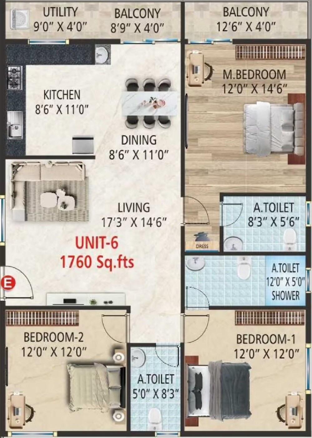 Floor plan of 3 BHK 1760 Sq. Ft. Apartment in JR Royale, Bangalore