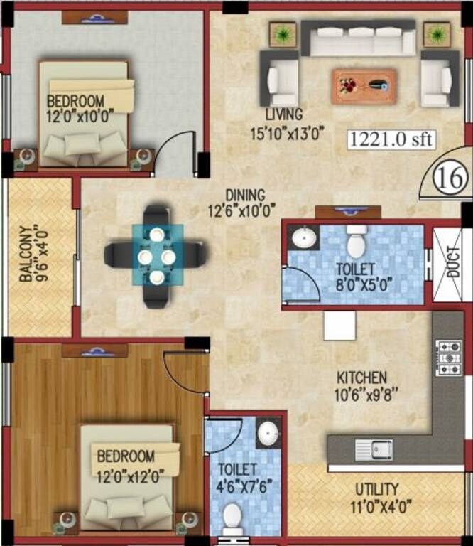 Floor plan of 2 BHK 1221 Sq. Ft. Apartment in JS Carnation, Bangalore