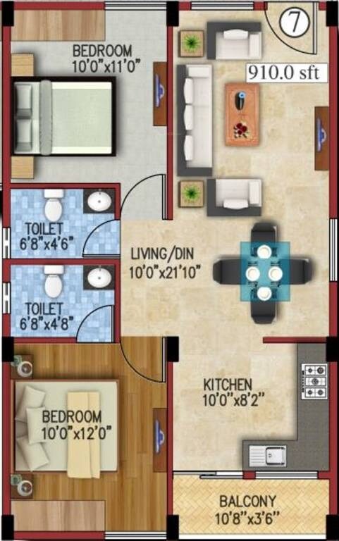 Floor plan of 2 BHK 910 Sq. Ft. Apartment in JS Carnation, Bangalore