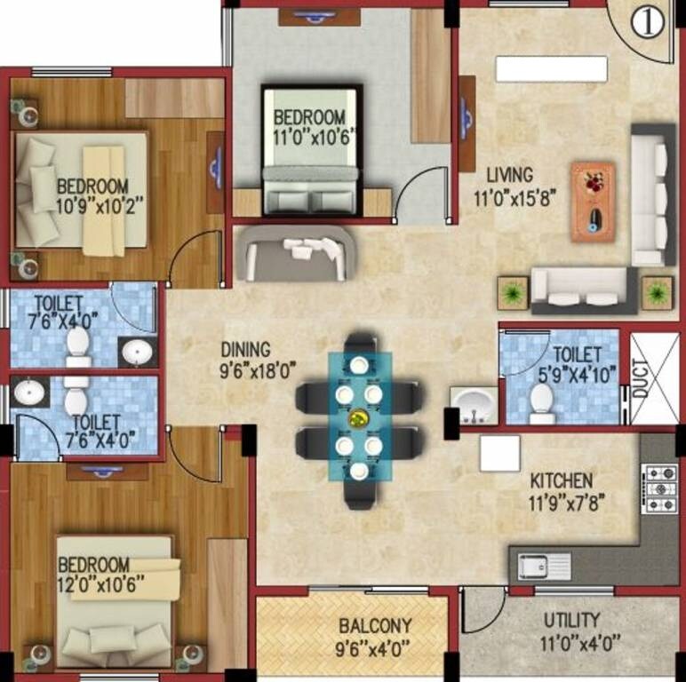 Floor plan of 3 BHK 1503 Sq. Ft. Apartment in JS Carnation, Bangalore