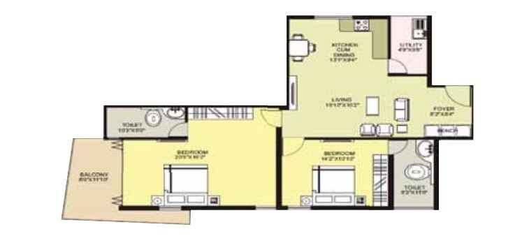 Floor plan of 2 BHK 1319 Sq. Ft. Apartment in JS Holdings Moham Meridies, Bangalore