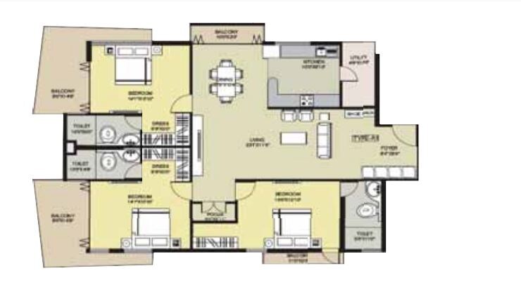 Floor plan of 3 BHK 1836 Sq. Ft. Apartment in JS Holdings Moham Meridies, Bangalore