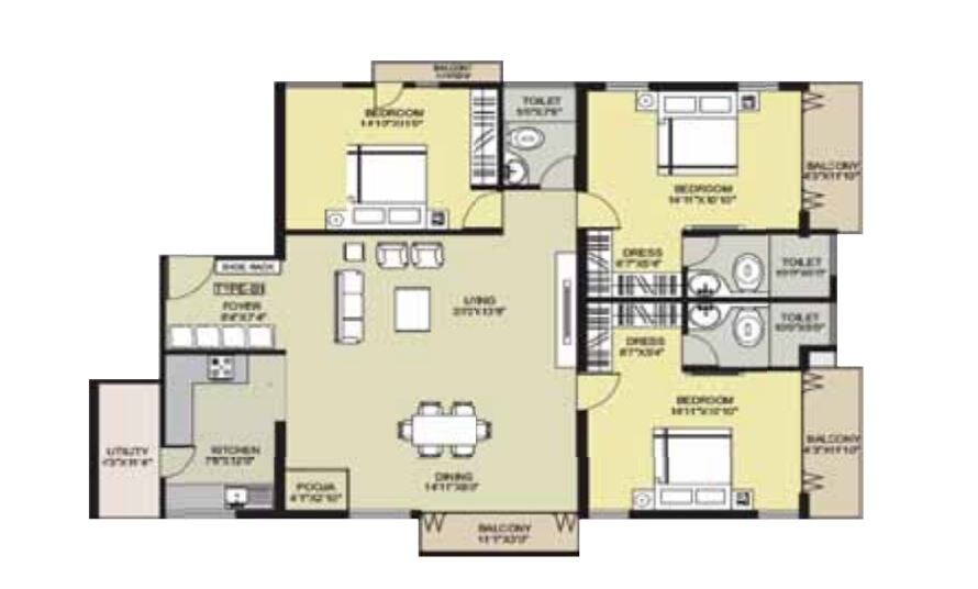 Floor plan of 3 BHK 2002 Sq. Ft. Apartment in JS Holdings Moham Meridies, Bangalore