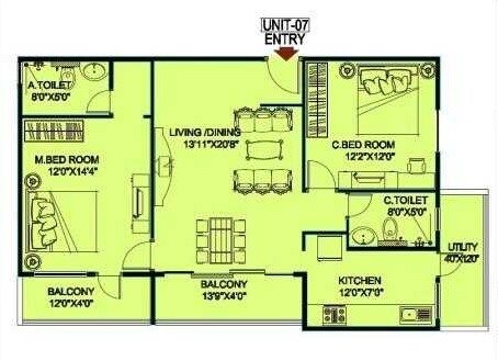 Floor plan of 2 BHK 1370 Sq. Ft. Apartment in Jupiter Commanders Pinnacle, Bangalore