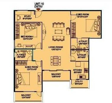 Floor plan of 3 BHK 1705 Sq. Ft. Apartment in Jupiter Commanders Pinnacle, Bangalore