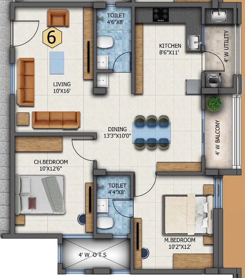 Floor plan of 2 BHK 1100 Sq. Ft. Apartment in JV Paradise, Bangalore