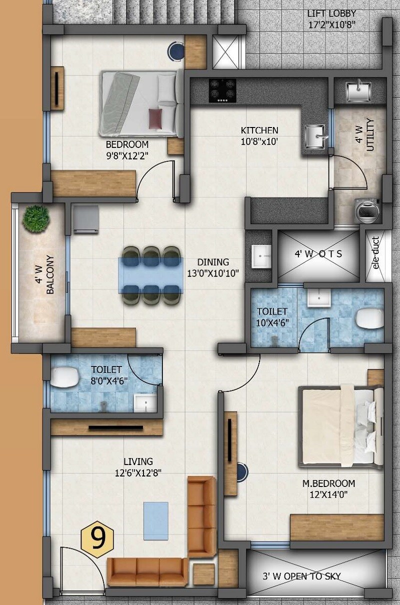 Floor plan of 2 BHK 1263 Sq. Ft. Apartment in JV Paradise, Bangalore
