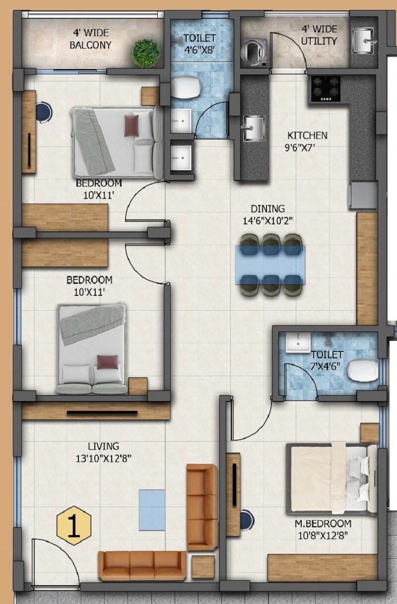 Floor plan of 3 BHK 1308 Sq. Ft. Apartment in JV Paradise, Bangalore