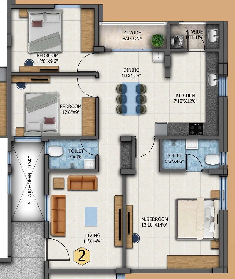 Floor plan of 3 BHK 1371 Sq. Ft. Apartment in JV Paradise, Bangalore