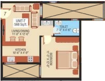 Floor plan of 1 BHK 568 Sq. Ft. Apartment in K And T Sai Sannidhi, Bangalore