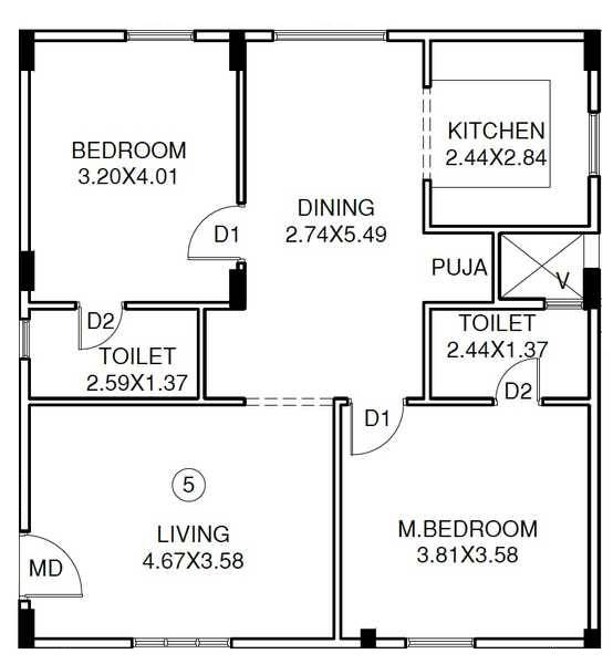 Floor plan of 2 BHK 1200 Sq. Ft. Apartment in K And T Sai Sannidhi, Bangalore