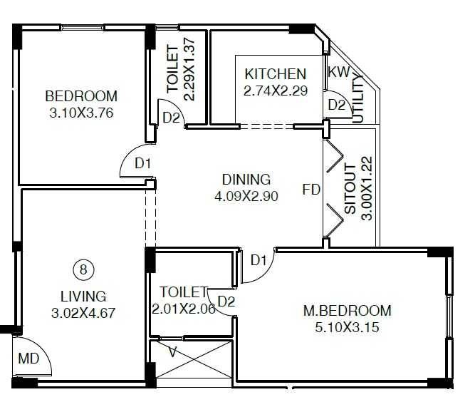 Floor plan of 2 BHK 1280 Sq. Ft. Apartment in K And T Sai Sannidhi, Bangalore