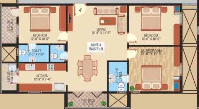 Floor plan of 3 BHK 1546 Sq. Ft. Apartment in K And T Sai Sannidhi, Bangalore