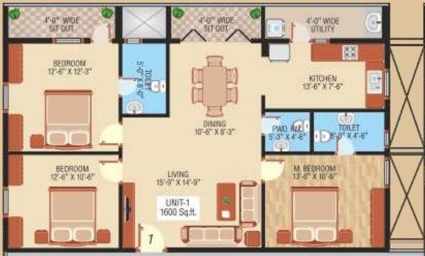 Floor plan of 3 BHK 1600 Sq. Ft. Apartment in K And T Sai Sannidhi, Bangalore