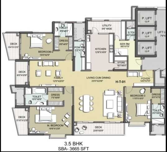 Floor plan of 3 BHK 3665 Sq. Ft. Apartment in K Raheja Corp Vivarea, Bangalore