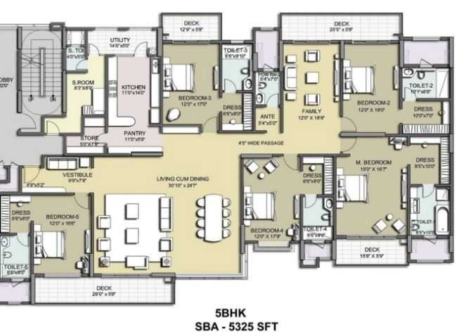 Floor plan of 5 BHK 5325 Sq. Ft. Apartment in K Raheja Corp Vivarea, Bangalore