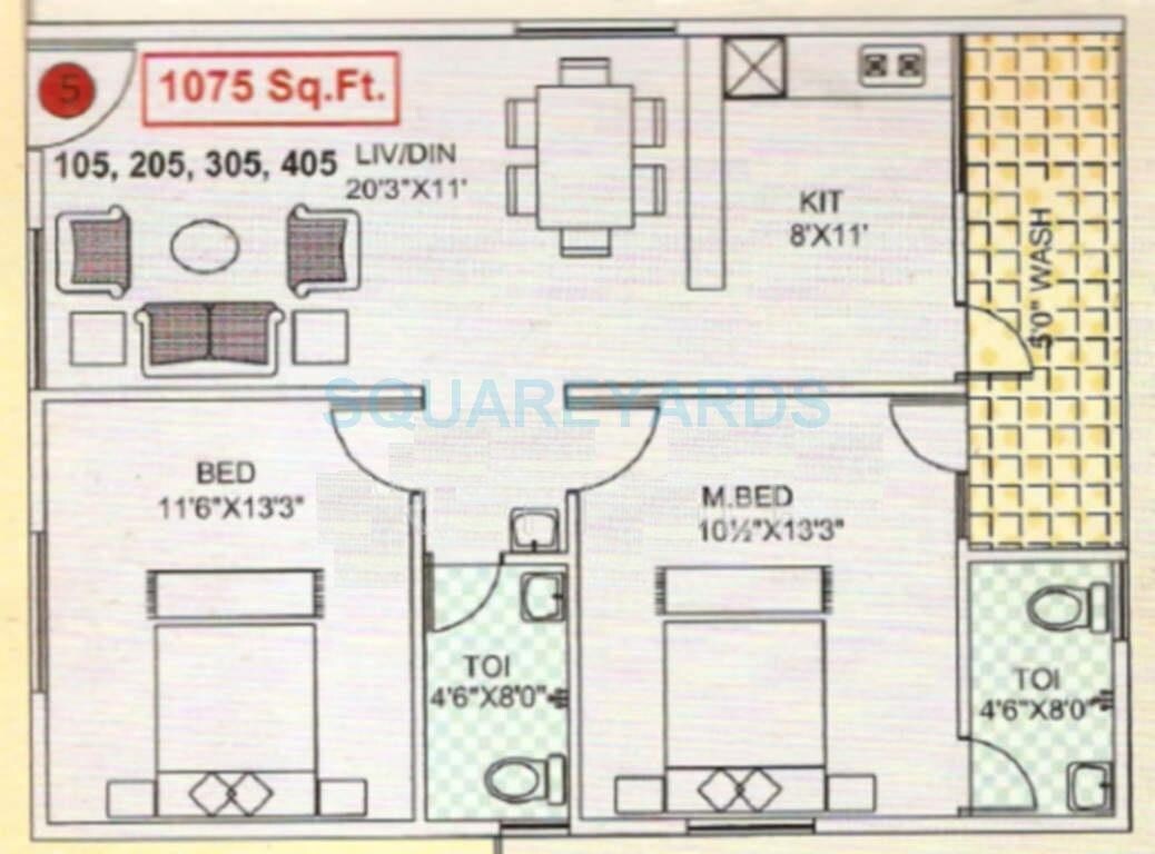 Floor plan of 2 BHK 1075 Sq. Ft. Apartment in K Raheja Sai Sunrise, Bangalore