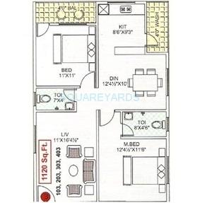 Floor plan of 2 BHK 1120 Sq. Ft. Apartment in K Raheja Sai Sunrise, Bangalore