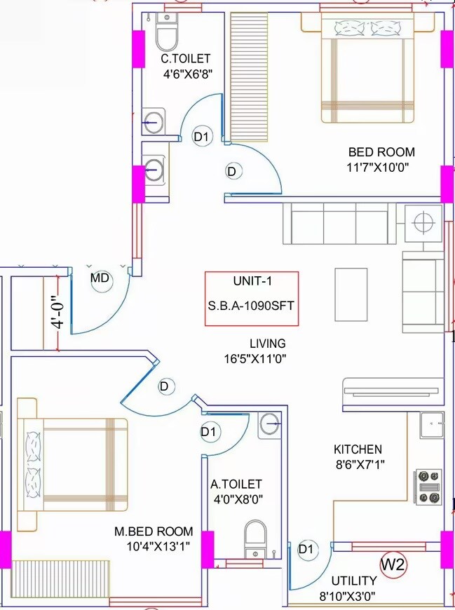 Floor plan of 2 BHK 1090 Sq. Ft. Apartment in Kalakruthi CHS, Bangalore