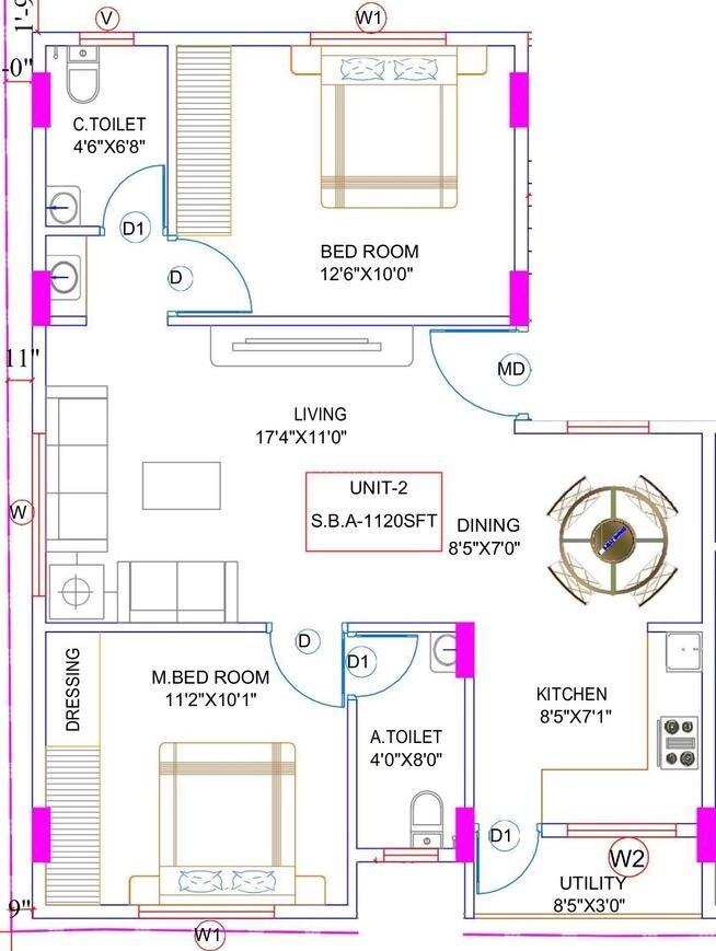 Floor plan of 2 BHK 1120 Sq. Ft. Apartment in Kalakruthi CHS, Bangalore