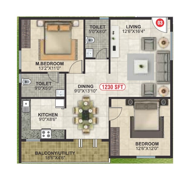 Floor plan of 2 BHK 1230 Sq. Ft. Apartment in Kallakunta K Residency, Bangalore
