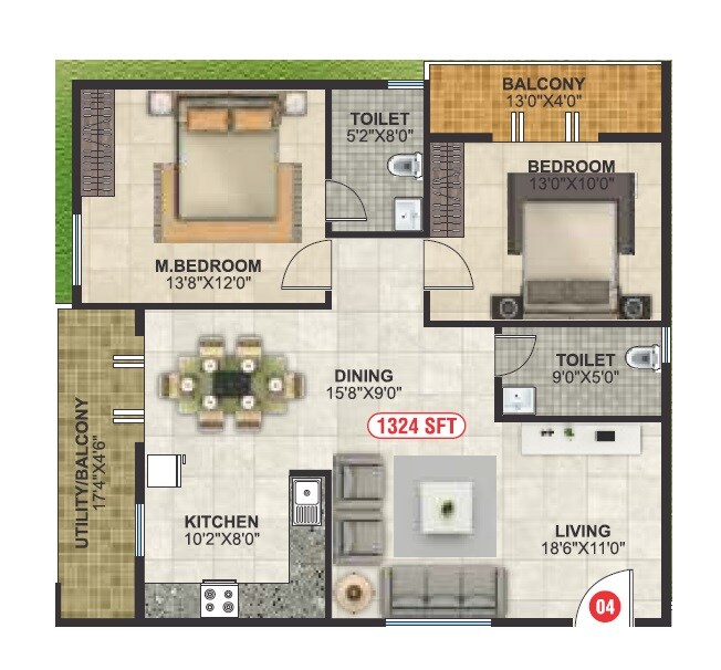 Floor plan of 2 BHK 1324 Sq. Ft. Apartment in Kallakunta K Residency, Bangalore